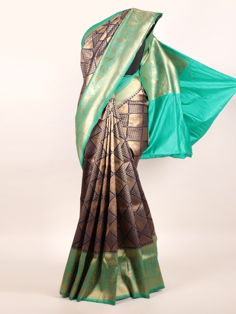 

Pothys Golden & Navy Blue Ethnic Motifs Pure Silk Banarasi Saree, Gold