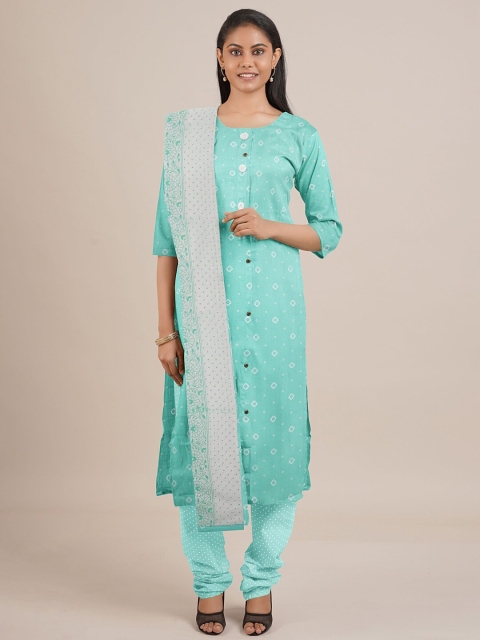

Pothys Green & White Printed Unstitched Dress Material