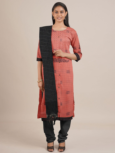 

Pothys Peach-Coloured & Black Printed Unstitched Dress Material