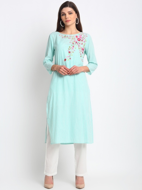 

REME Women Turquoise Blue Striped Floral Kurta