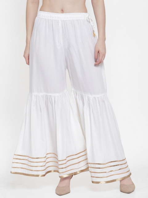 

TAG 7 Women White & Gold Striped Hem Design Flared Ethnic Shararas