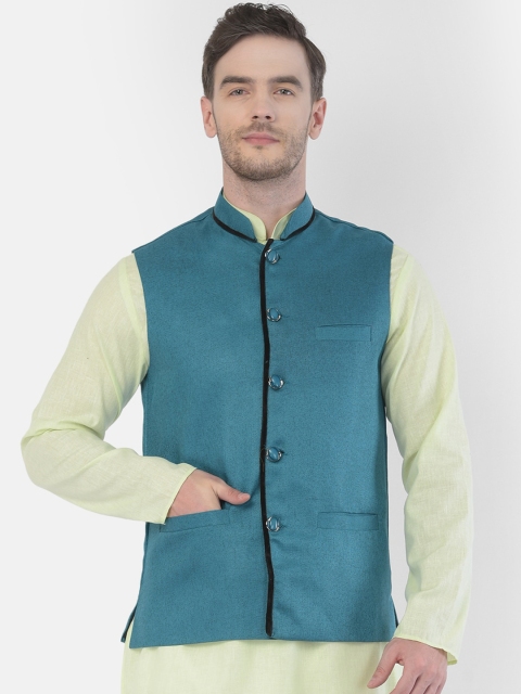 

SG LEMAN Men Teal Green Solid Satin Nehru Jacket