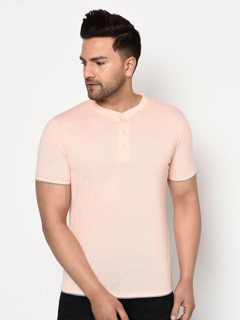 

ELEGANCE Men Pink Henley Neck T-shirt
