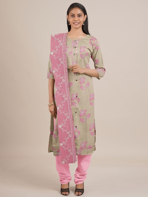 

Pothys Cream & Pink Printed Unstitched Dress Material