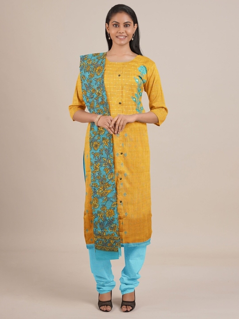 

Pothys Yellow & Turquoise Blue Embroidered Unstitched Dress Material