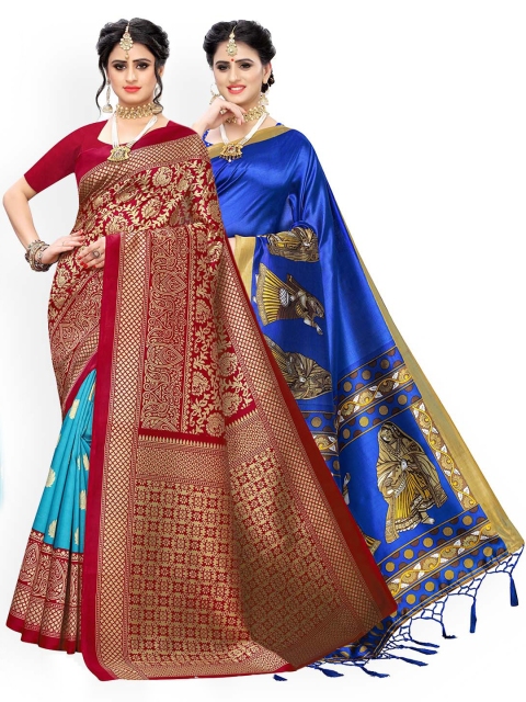 

KALINI Pack Of 2 Blue & Red Woven Design Zari Art Silk Sarees