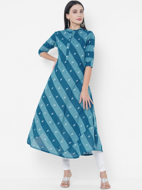 

FASHOR Women Striped & Ikat Woven Blue Kurta
