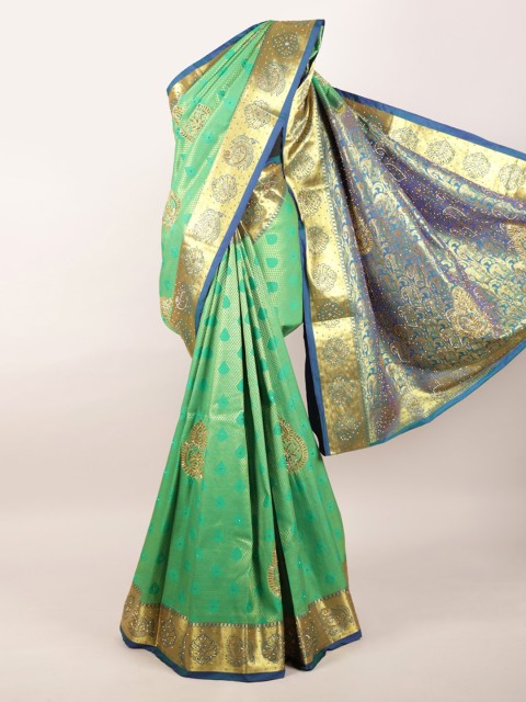 

Pothys Green Woven Design Beads and Stones Pure Silk Heavy Work Kanjeevaram Saree