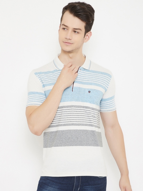 

Duke Men Grey Melange & White Striped Polo Collar T-shirt