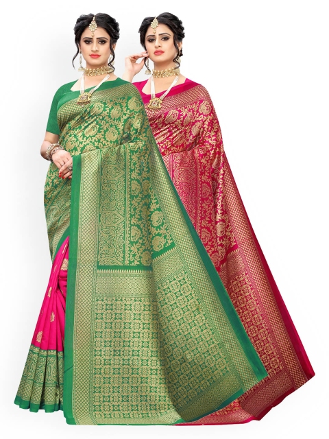 

KALINI Pack Of 2 Green & Pink Ethnic Motifs Zari Art Silk Sarees
