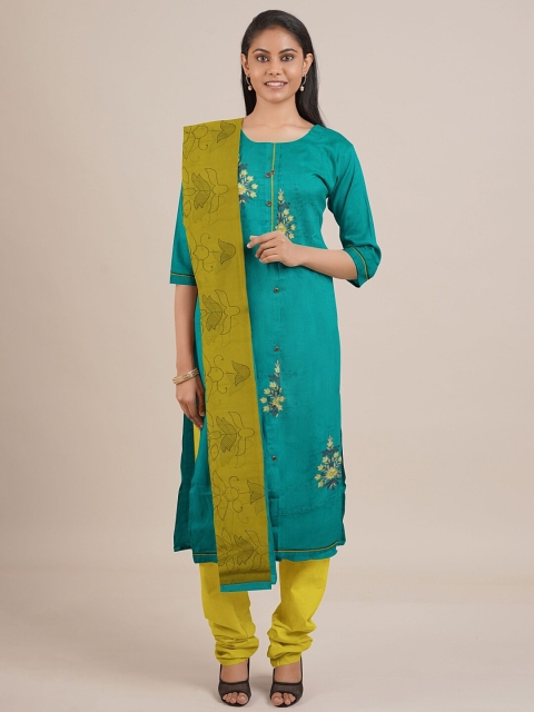 

Pothys Lime Green & Turquoise Blue Embroidered Unstitched Dress Material