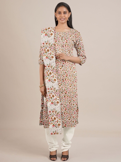 

Pothys Cream & Green Printed Unstitched Dress Material