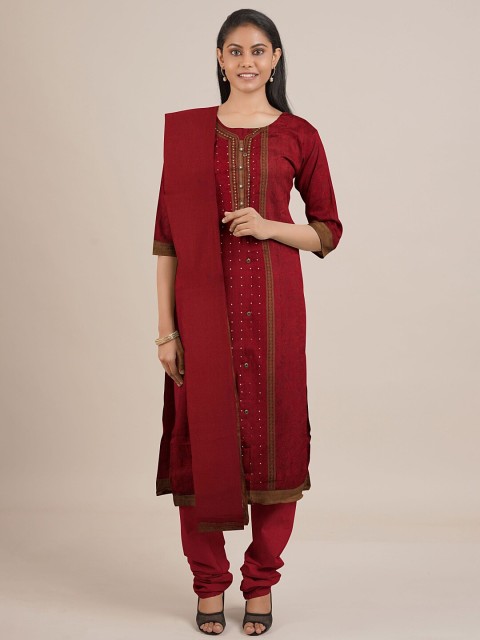 

Pothys Women Maroon & Brown Embroidered Unstitched Dress Material