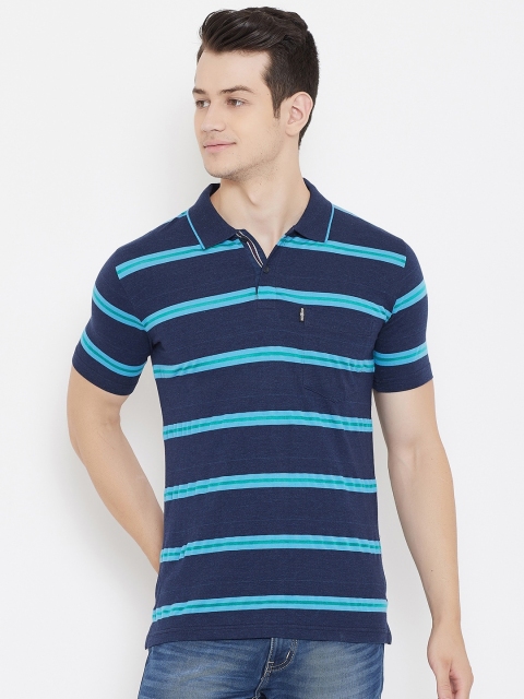 

Duke Men Navy Blue Striped Cotton Polo Collar T-shirt