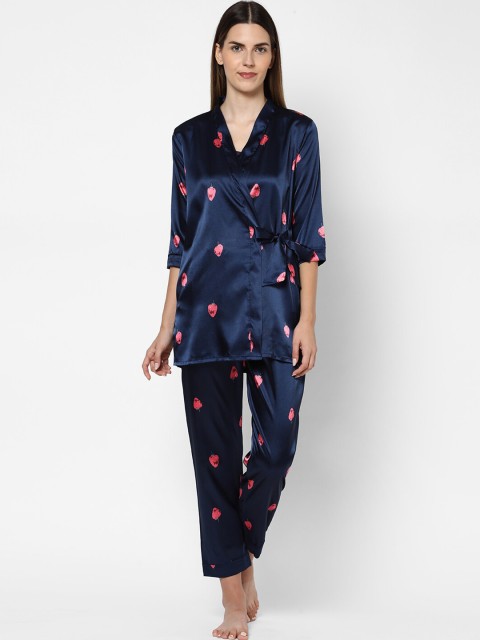 

Sweet Dreams Women Navy Blue & Pink 3-Pieces Printed Night suit