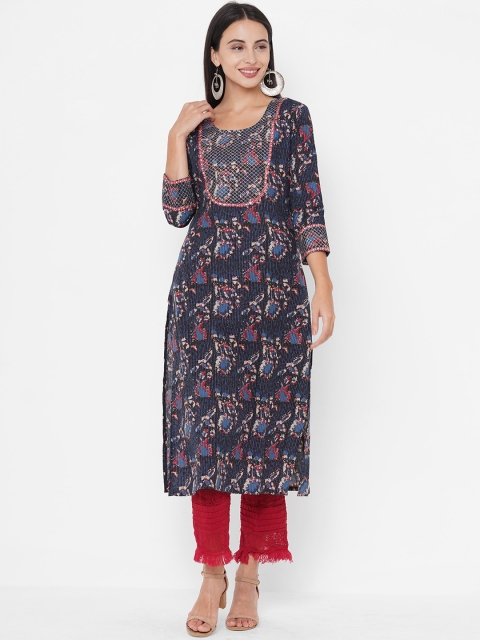 

FASHOR Women Blue Ethnic Motifs Printed Kantha Work Kurta