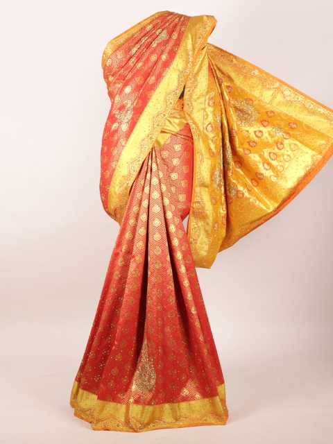 

Pothys Red & Gold Ethnic Motifs Beads and Stones Pure Silk Kanjeevaram Saree