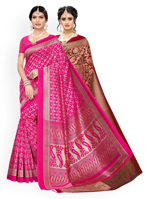 

KALINI Pack Of 2 Pink & Red Ethnic Motifs Zari Art Silk Saree