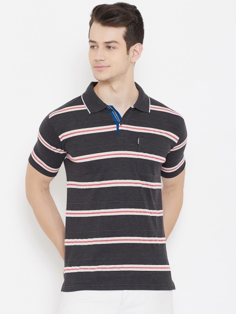 

Duke Men Black & White Striped Polo Collar T-shirt