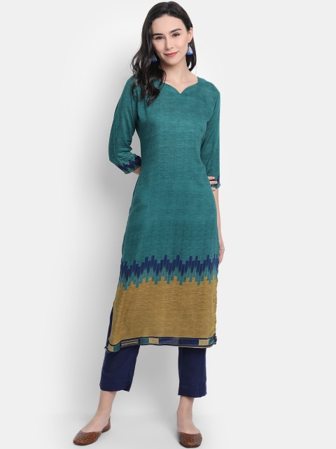 

Ethnic basket Women Green & Yellow Sweetheart Neck Kurta