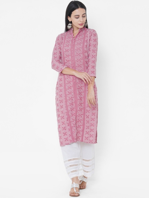 

FASHOR Women Pink Ethnic Motifs Embroidered Thread Work Kurta