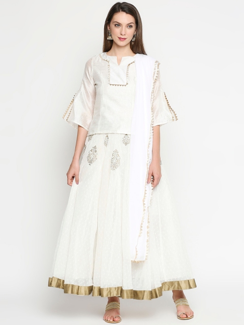 

Ira Soleil White & Gold Embellished Bell Sleeve Maxi Longline Top with Dupatta