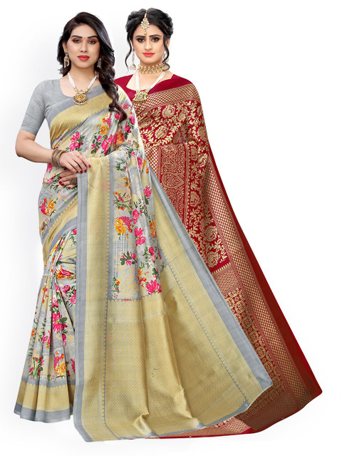 

KALINI Pack Of 2 Grey & Red Floral Zari Art Silk Sarees