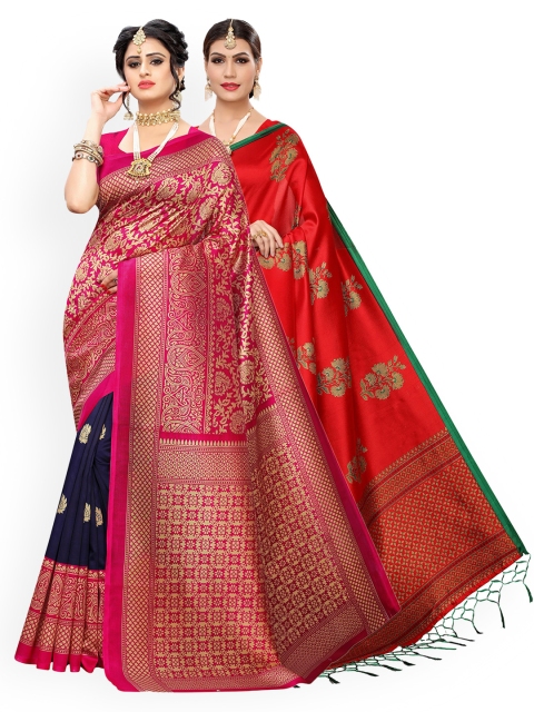 

KALINI Pack of 2 Red & Navy Blue Woven Design Art Silk Saree