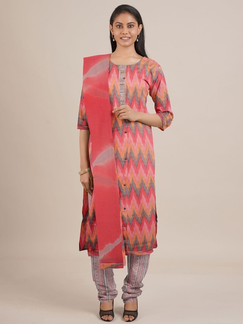

Pothys Pink & White Printed Unstitched Dress Material