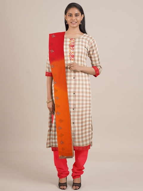 

Pothys Cream-Coloured & Orange Printed Unstitched Dress Material