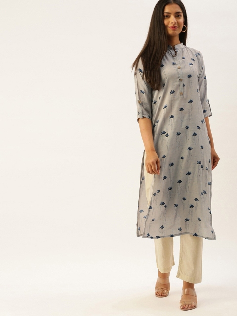 

Ethnic basket Women Grey & Navy Blue Floral Printed Floral Chanderi Silk Chanderi Silk Kurta