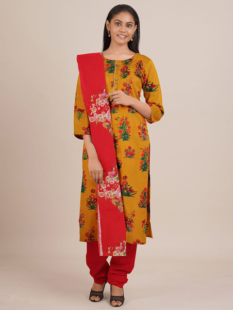 

Pothys Yellow & Red Printed Unstitched Dress Material