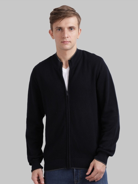 

Parx Men Navy Blue Self Design Front-Open Sweater