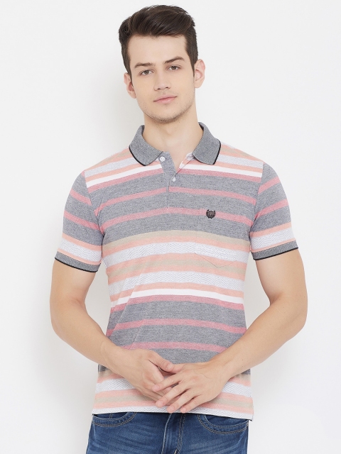

Duke Men Blue & Peach-Coloured Striped Polo Collar T-shirt