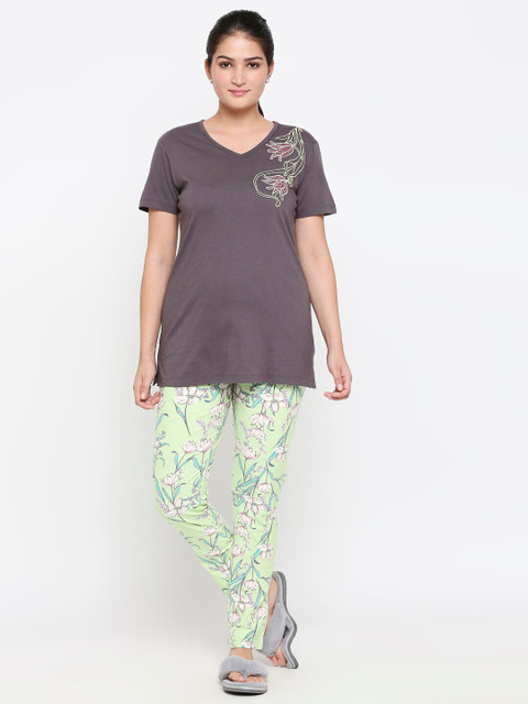 

XIN Women Lime Green Floral 2 Piece Printed Night Suit