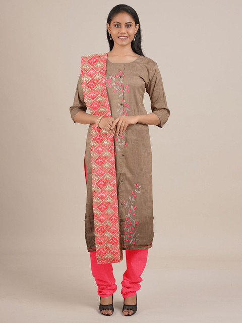 

Pothys Brown & Pink Embroidered Unstitched Dress Material