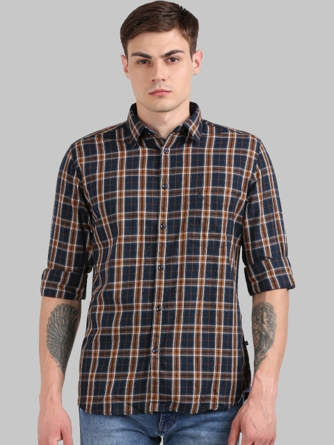 

Parx Men Navy Blue & Brown Slim Fit Checked Cotton Casual Shirt