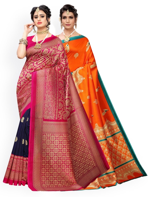 

KALINI Pack of 2 Orange & Navy Blue Woven Design Zari Art Silk Saree