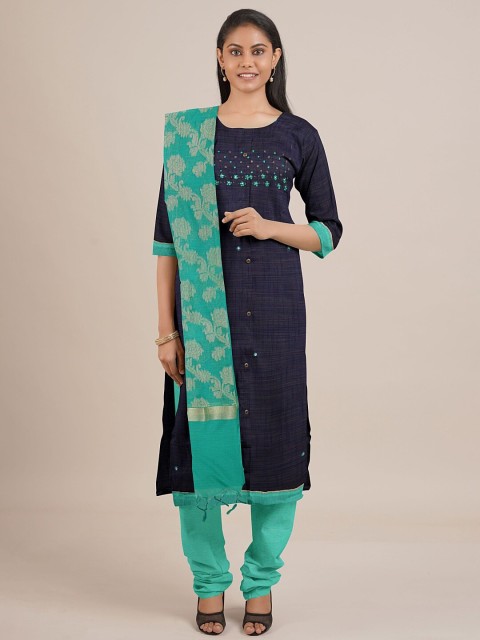 

Pothys Navy Blue & Sea Green Embroidered Unstitched Dress Material