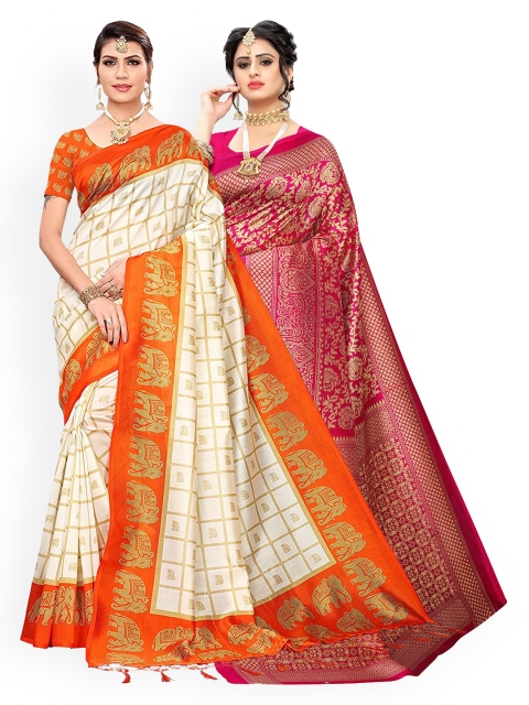 

KALINI Pack Of 2 Cream & Pink Ethnic Motifs Zari Art Silk Sarees