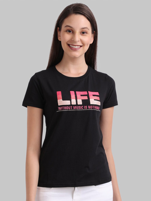 

Parx Women Black & Pink Self Design Round Neck T-Shirt