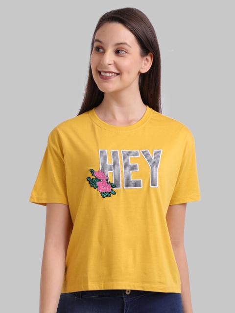 

Parx Women Mustard Yellow Applique Round Neck T-Shirt
