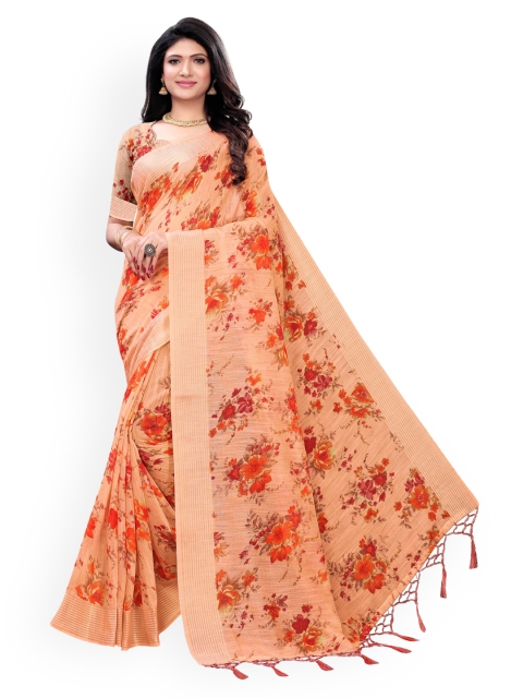

KALINI Peach Floral Cotton Blend Saree With Tasseled Pallu