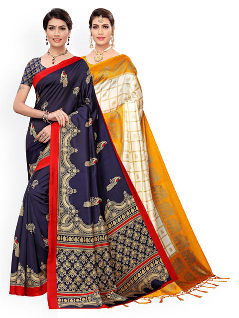 

KALINI Pack of 2 Yellow & Blue Floral Art Silk Saree