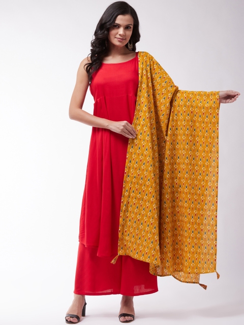 

InWeave Women Red Empire Anarkali Kurta with Churidar & With Dupatta