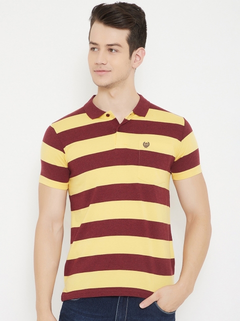 

Duke Men Yellow & Maroon Striped Polo Collar T-shirt