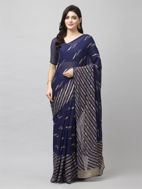 

KALINI Navy Blue Striped Zari Pure Georgette Saree