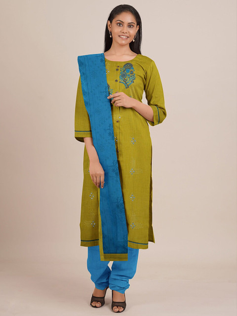 

Pothys Green & Blue Printed Unstitched Dress Material