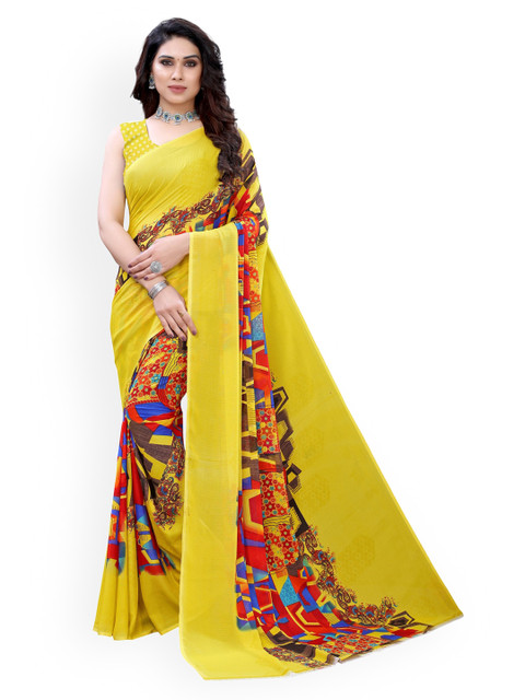 

KALINI Yellow & Pink Floral Printed Pure Georgette Saree