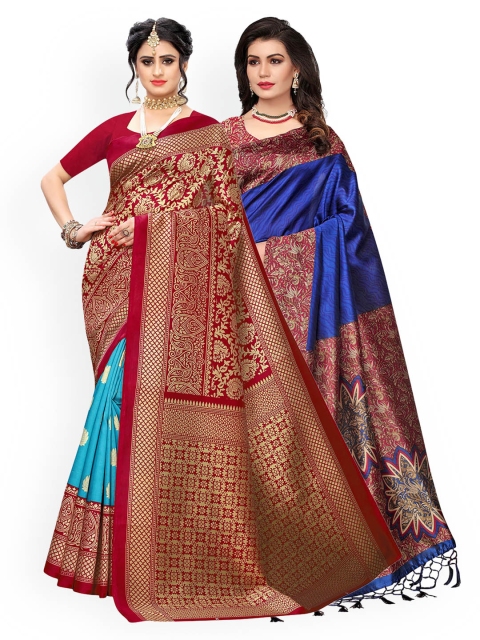 

KALINI Pack Of 2 Blue & Red Ethnic Motifs Art Silk Saree